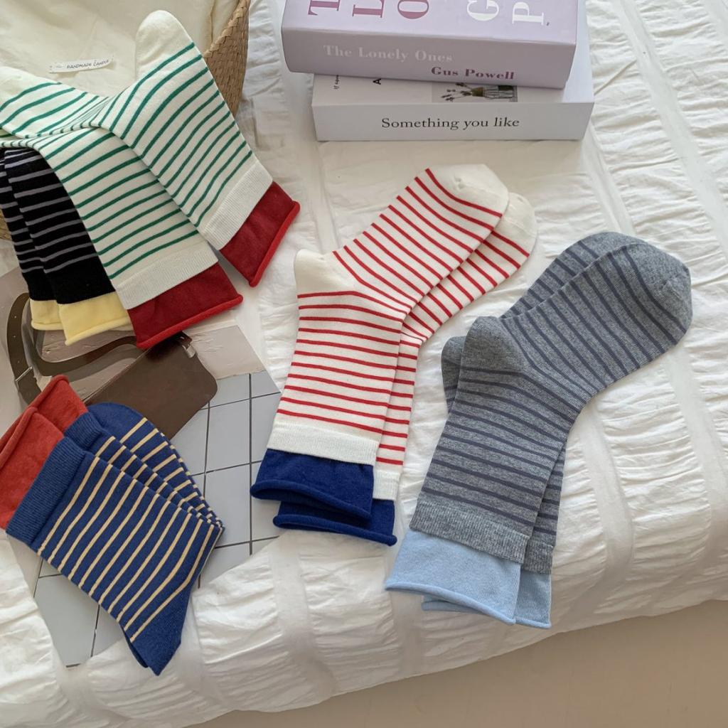 Autumn Trend Socks Double Groove Stripe Contrast Socks Breathable Combed Cotton Mid-Leg Socks