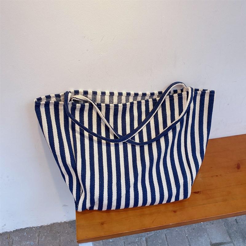 

Large Capacity Canvas Women Shopper Tote Simple Striped Shoulder Bag Female Casual Multifunctional Travel Top-handle Handbag 24x18x32cm синий