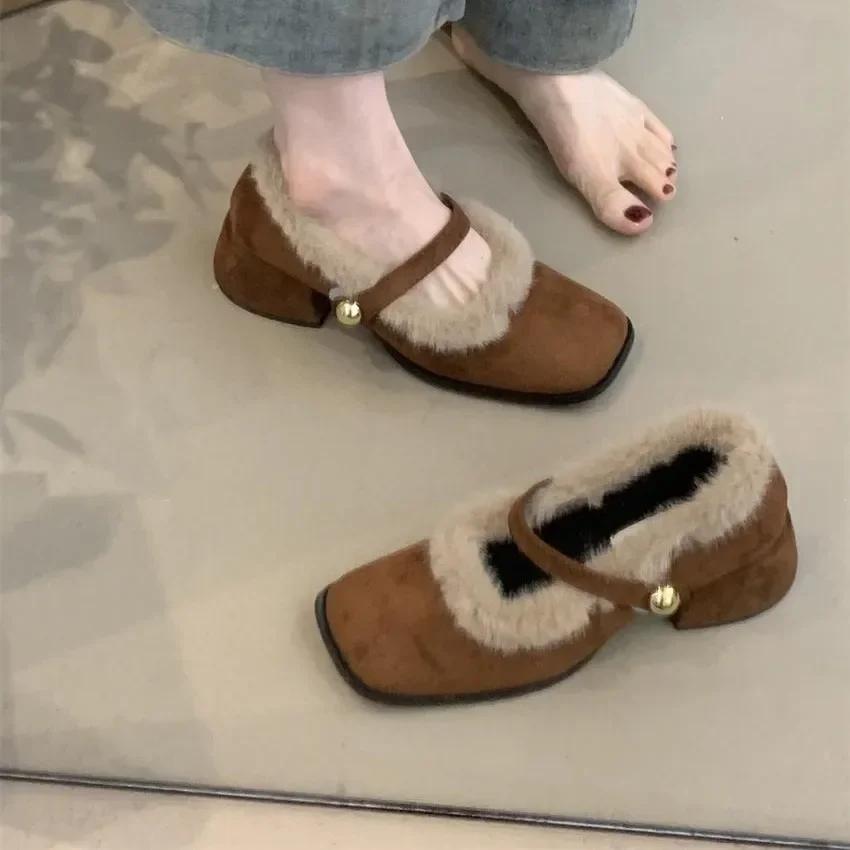 Fashion Coarse Heel Bag Head Mary Jane Shoes 2025 New French Temperament Elegant Suede Word Plush Lazy Fluffy Shoes