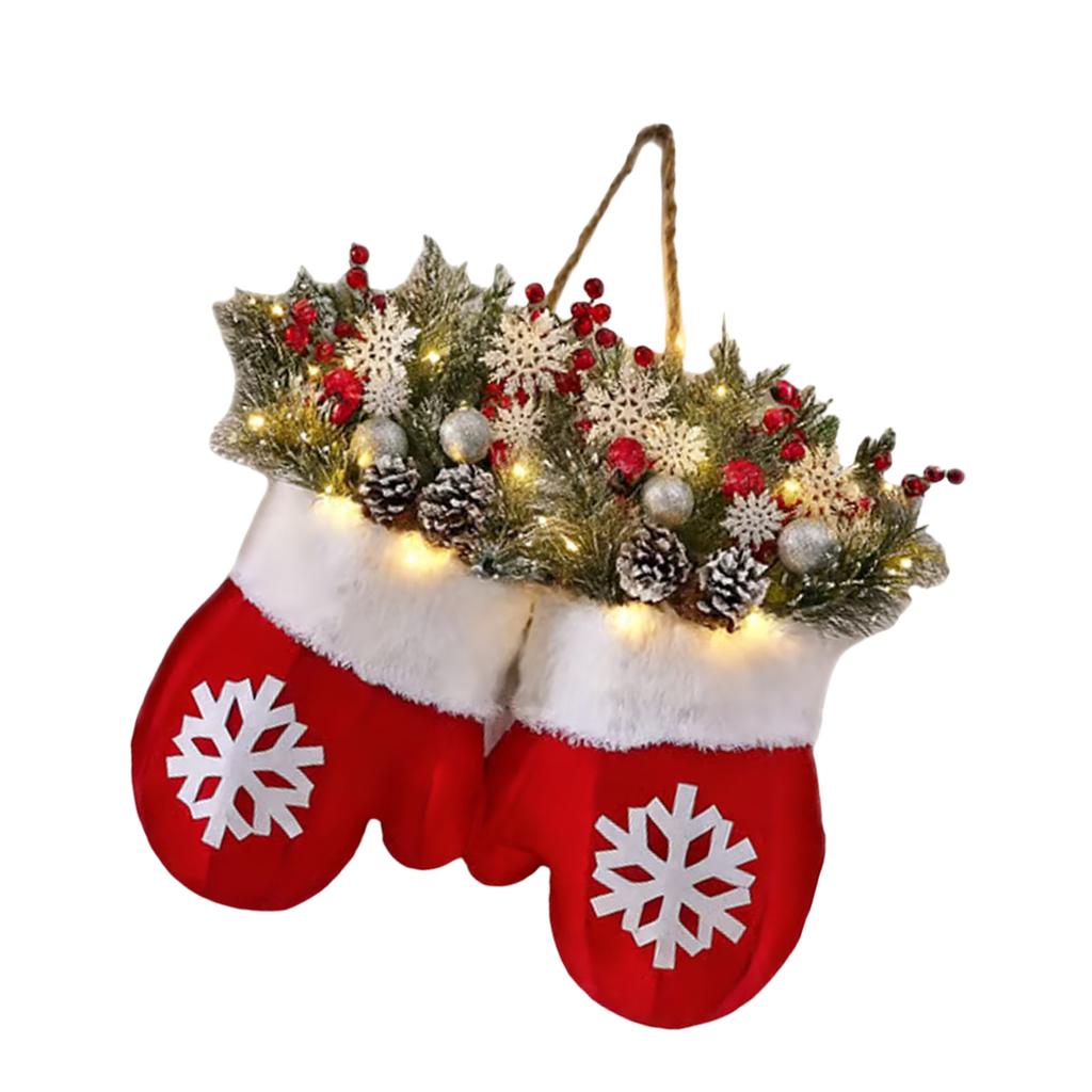 LED Christmas Mitten Wreath With Realistic Pine Cones Red Berries Indoor Outdoor Holiday Decoration For Door Mantle