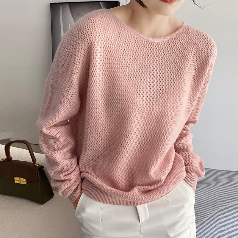 Women's Round Neck Wool Knitwear - Loose Fit Long Sleeve Pullover for Autumn & Winter