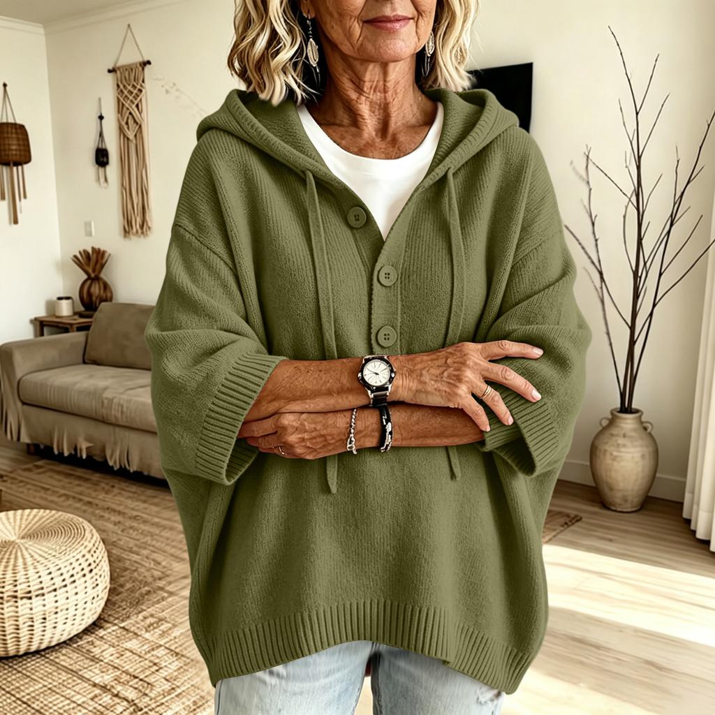 Maglione Casual da Donna con Cappuccio, Manica a Tre Quarti, Coulisse, Bottoni, Vestibilità Larga