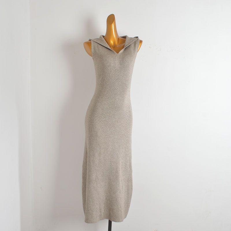 French Sexy Hooded Knitting Dress Women's Spring & Fall New Arrival Pure Color Sexy Waist-Tight Slim Looking Sleeveless Long Jumper Dress