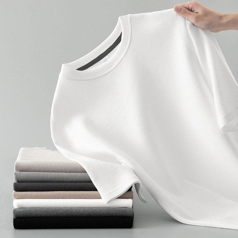 Waffle Round Neck Short Sleeved Men's Top Summer New Ice Silk Thin Style Solid Color Retro T-shirt