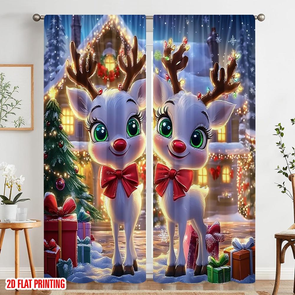 2pcs,2D plane printing Curtains Cute Reindeer Christmas Scene Gift (3) Versatile Durable Polyester (without rod) All Seasons
