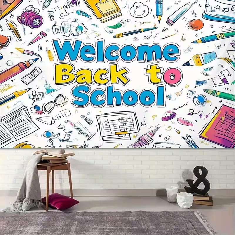 Welcome Back to School Tapestry, Stationery Doodle Background Cloth, Classroom Decor