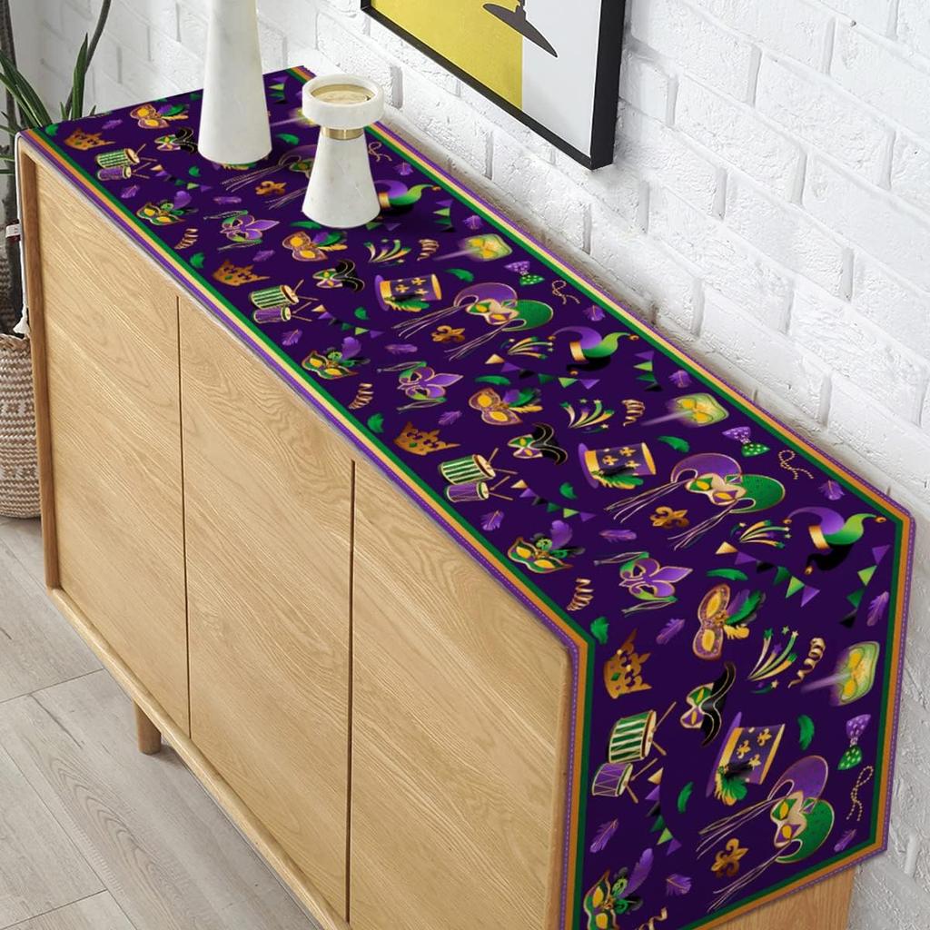 Pudodo Mardi Gras Table Runner Carnival Mask Fleur De Lis Tablecloth New Orleans Masquerade Party Kitchen Dining Home Decoration (13" X 72")