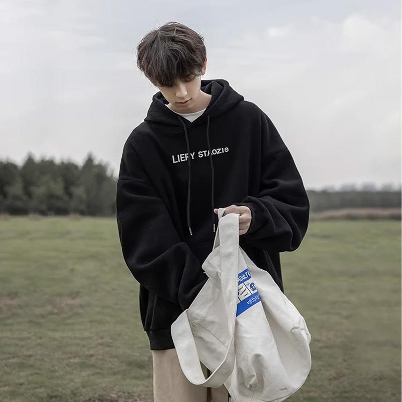 

Hooded Sweater Men s Autumn and Winter Letters Loose Casual Plus Size Black Coat XXXL