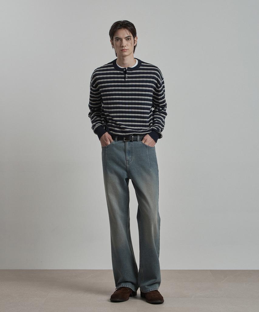 WORK ON BODY OFF Pano Semi-Overfit Striped Henley Neck Knit [Navy]