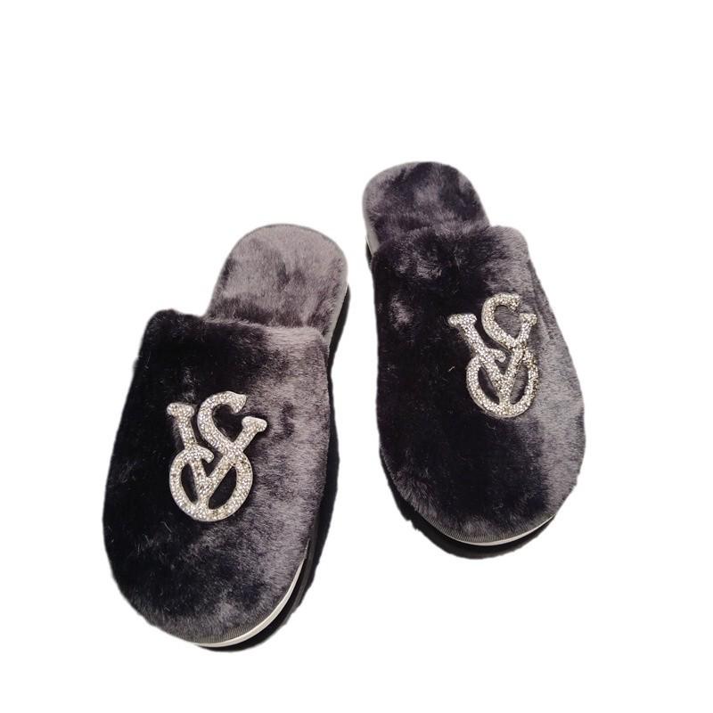 Women's Versatile Fuzzy Rhinestone Slippers - Warm Cotton for Autumn/Winter, Stylish for Home or Outdoor Use.
