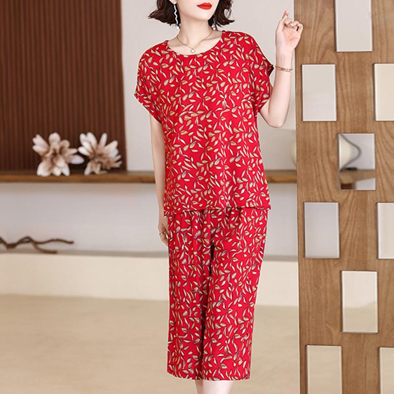 Plus Size Women Two Peice Sets Summer Loose Elegant High Waist Pant Sets Female Casual Vintage Print Oversize Suit