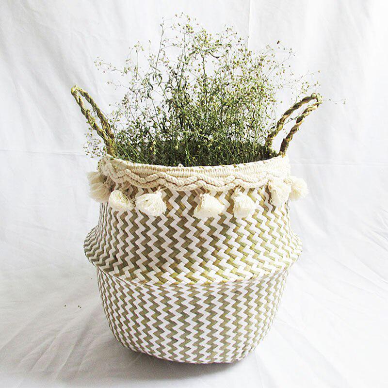 Seagrass Hand-Woven Flower Baskets,Weaving Foldable Nordic Style Big-Bellied Straw Woven Storage Bucket Toy Sundries Clothes Plants Basket for Home Grey S