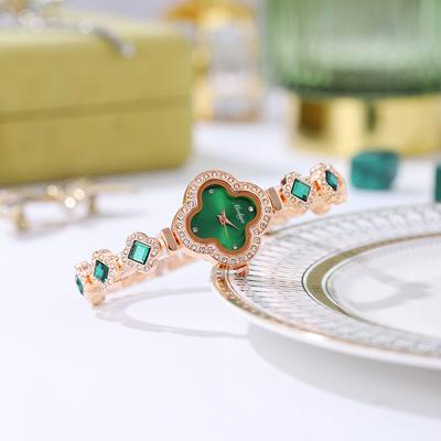 Advanced Women's Watch, Green Watch, Quartz Set with Diamonds, Four Leaf Clover Women's Watch, Bracelet Watch