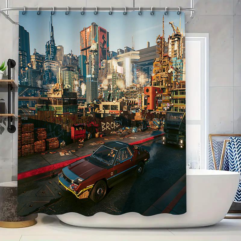 

Cyberpunk Themed Bathroom Shower Curtain Future Cityscape Design For Stylish Home Upgrade Suitable For Wet And Dry Separation W60H190(CM)-1 Pcs