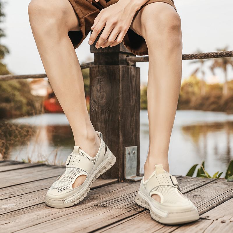 Fashion Senior Men Hand Sewn Thread Sandals Male Leather Mesh Stitching Summer Men Beach Sandals Fashion Outdoor Casual Sneakers Sandals
