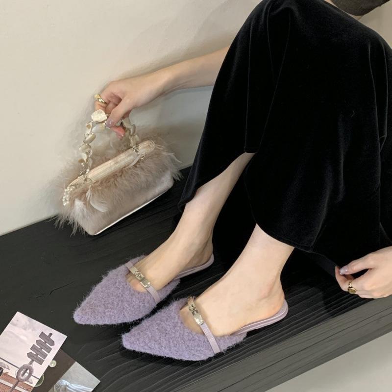 French Temperament Fairy Style Lamb Wool Bag Head Half Slippers Women Wear Autumn and Winter Pedal Pointed Lazy Muller Shoes