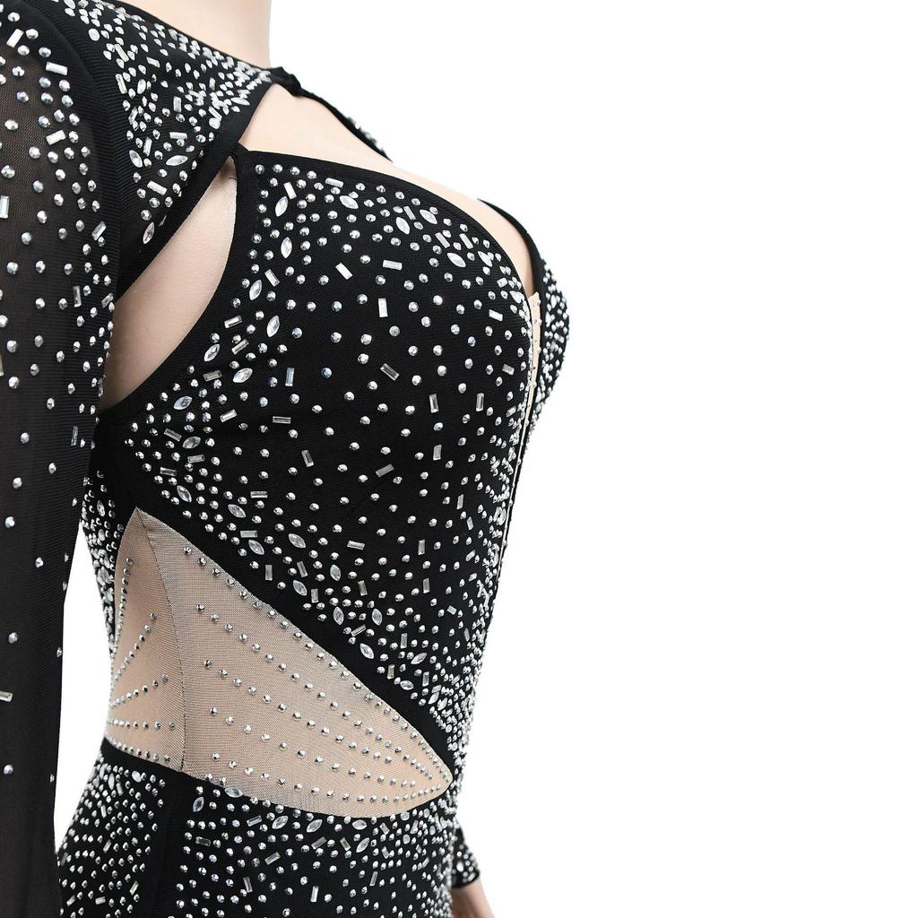 C6312 Fashion Women's Mesh Hot Drilling Solid Color Long Sleeve Short Skirt Dress