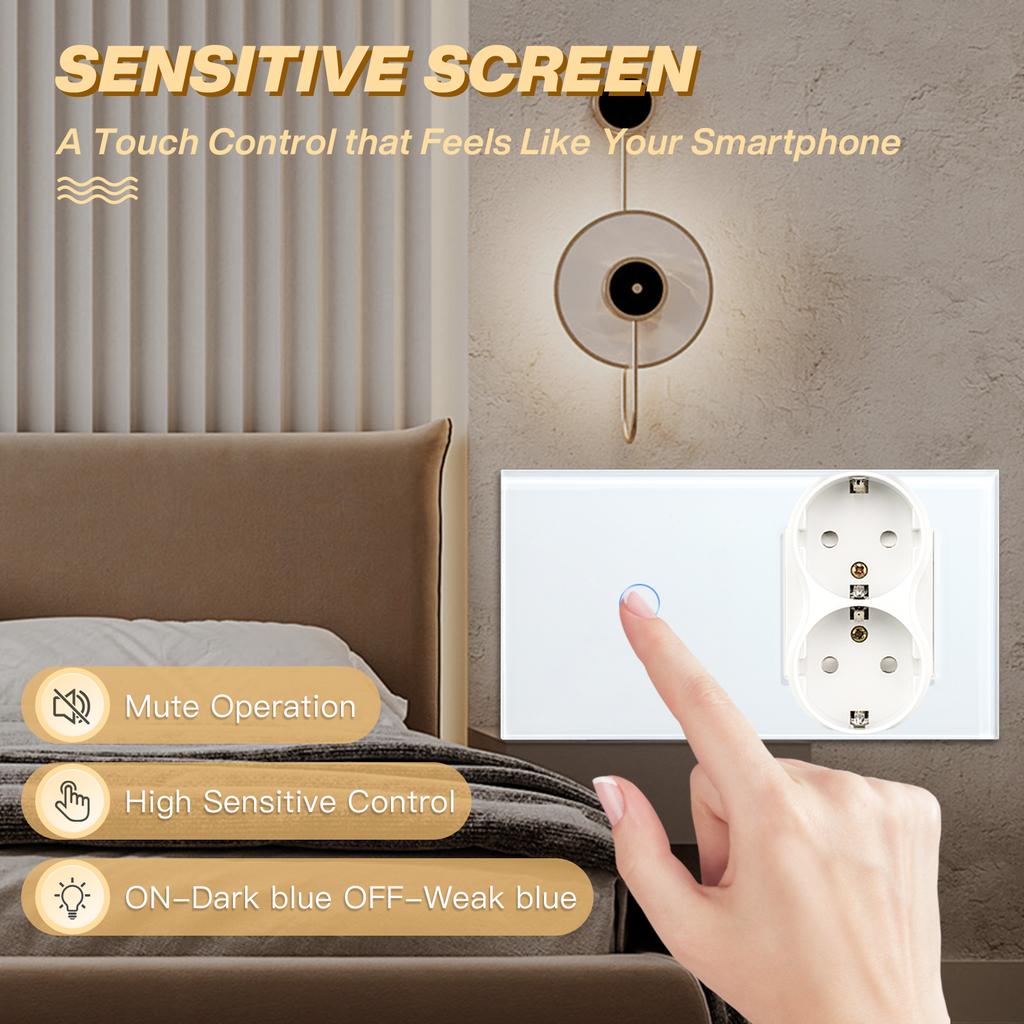 BSEED 1/2/3Gang Touch Light Switch With Power Socket 1Way Double EU Wall Sockets Dual Plug 16A Glass Panel Blue Backlight White