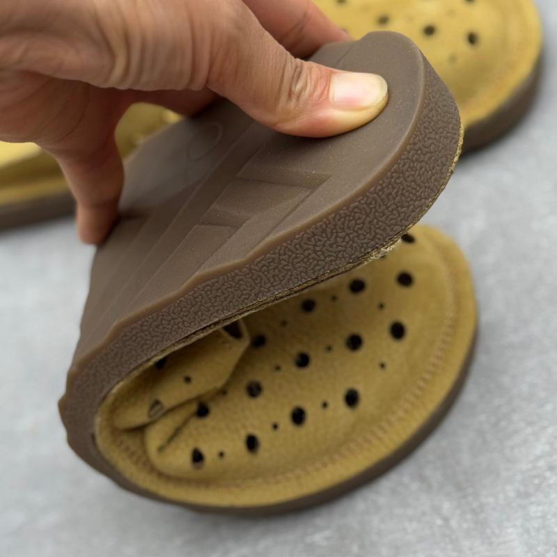 Johnature Handmade Cowhide Slippers Round Toe Flat Hollow-out Breathable Genuine Leather Slides