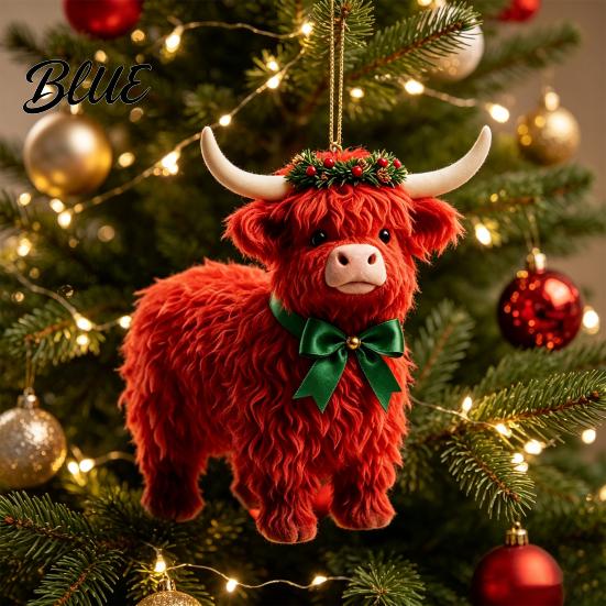 Unique Acrylic Gift Tags Highland Yak Ornament for Christmas Tree Hanging Decor, Cute 2D Flat Colorful Decor Pendant with Gold String Holiday