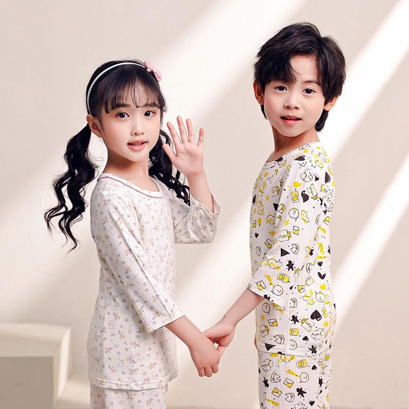 Summer Ice-Feel Kids' Pajama Set: Three-Quarter Sleeve Jacquard for Boys & Girls