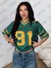 Übergroßes T-Shirt Für Damen Kurzarm Sommer Patchwork Grün Speed 91 Aufdruck Lässige V-Ausschnitt T-Shirts Sport Fußballtrikot Y2k Top