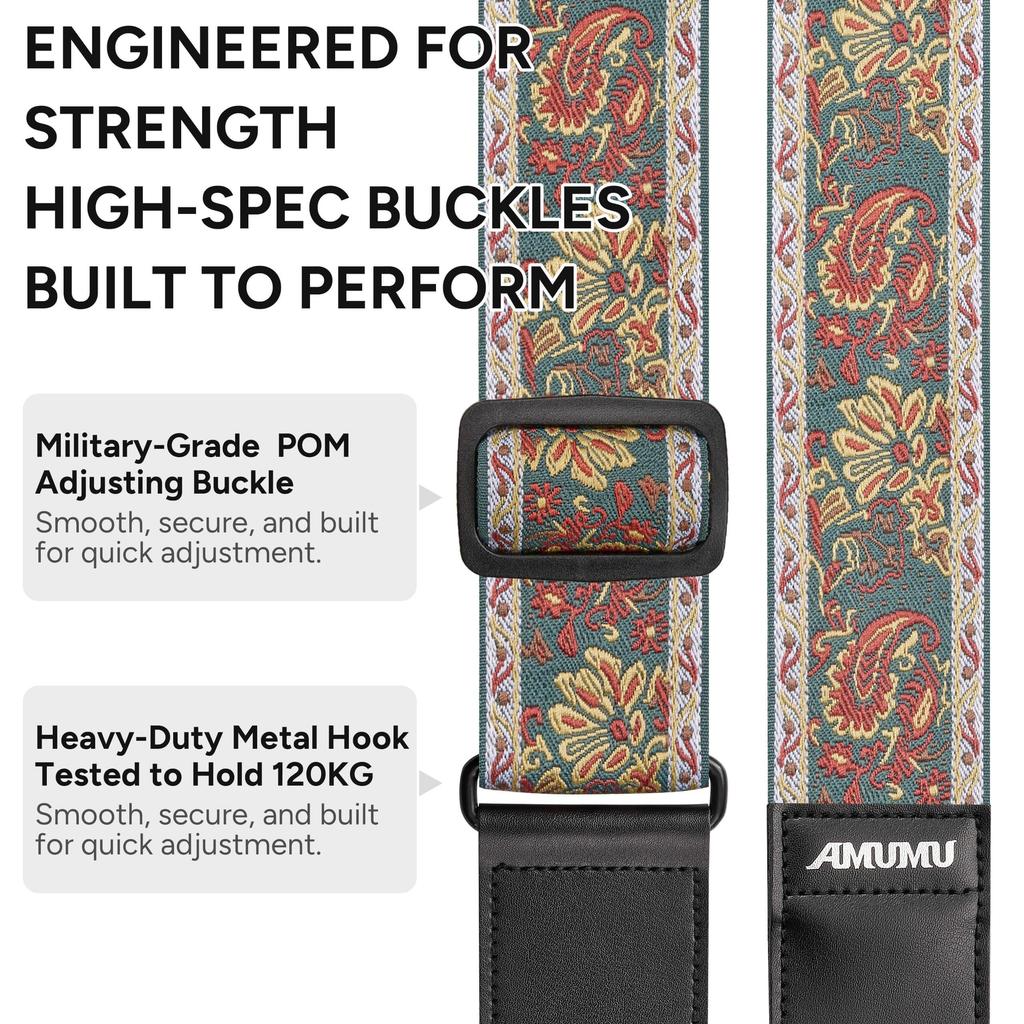 Amumu Guitar Strap 5cm Wide Vintage Paisley with Premium Leather Fits and Adjustable from 94cm To 160cm - Ends, Acoustic, Electric, Bass,