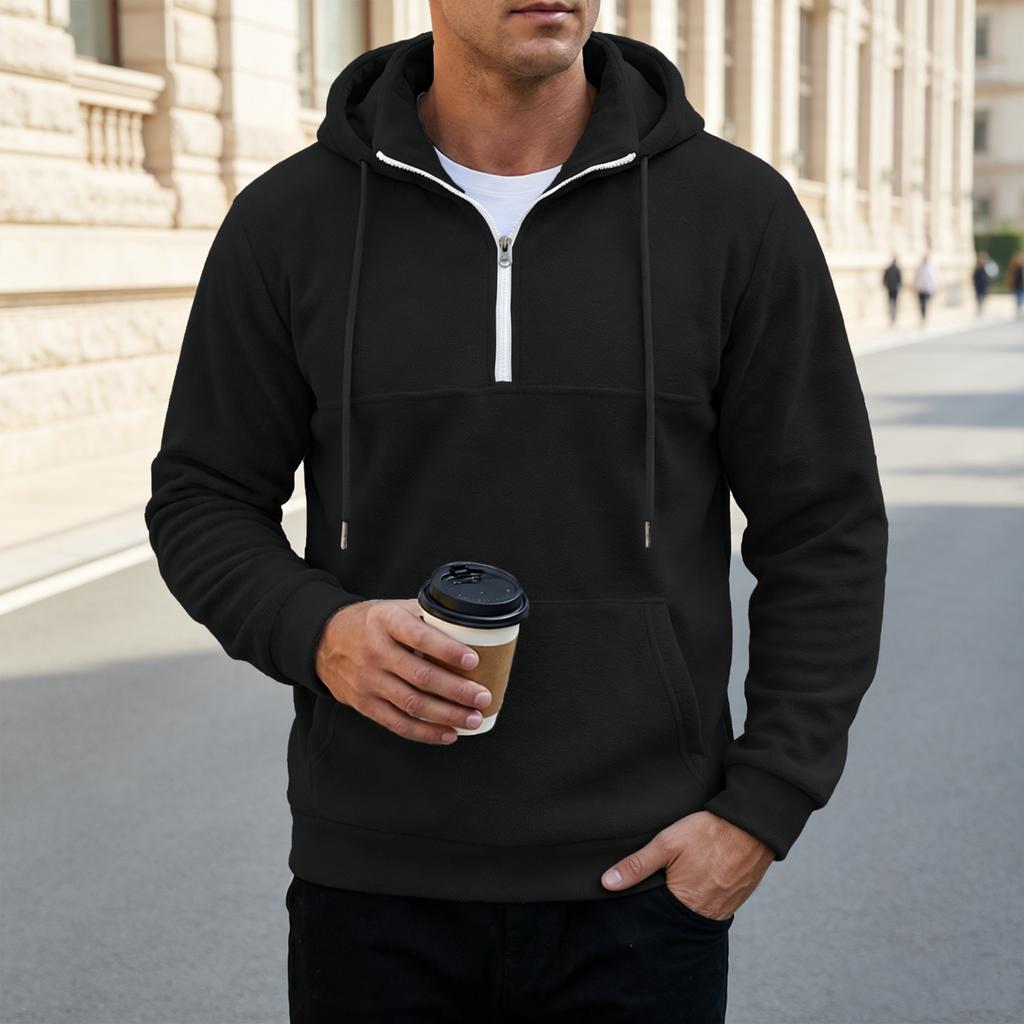 Men's Thick Hooded Sweatshirt with Stand Collar, Half-Zip, Long Sleeve, Fall Winter Casual Top, European Size