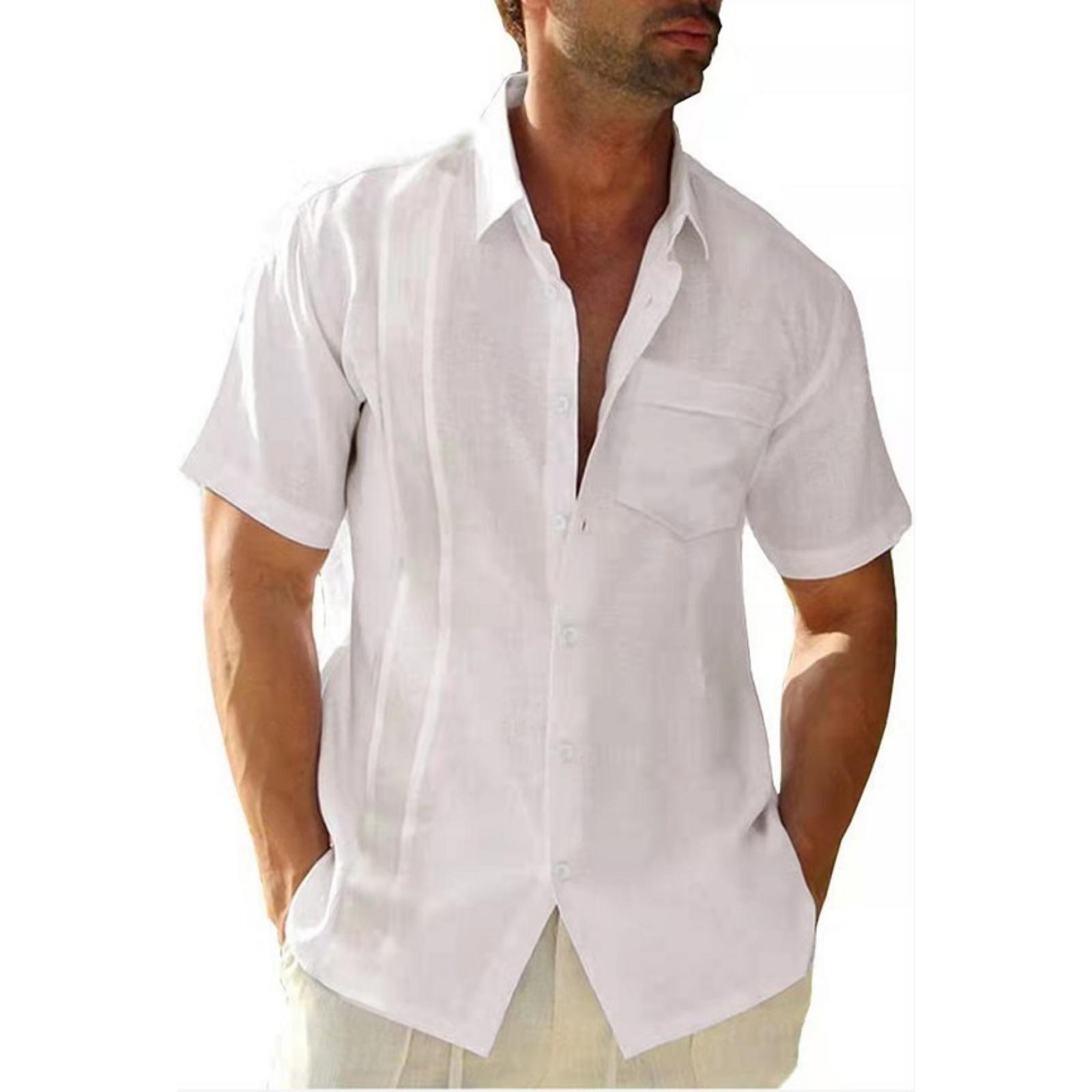 

Men s Casual And Fashionable -color Lapel Button Cardigan, Cotton And Linen Men s Short-sleeved Top XXL білий