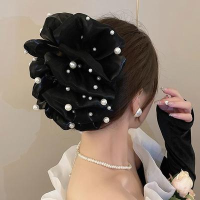 Clip con impugnatura in perle a maglie a bolle per donna con fiocco multistrato, clip a squalo con cucchiaio posteriore oversize