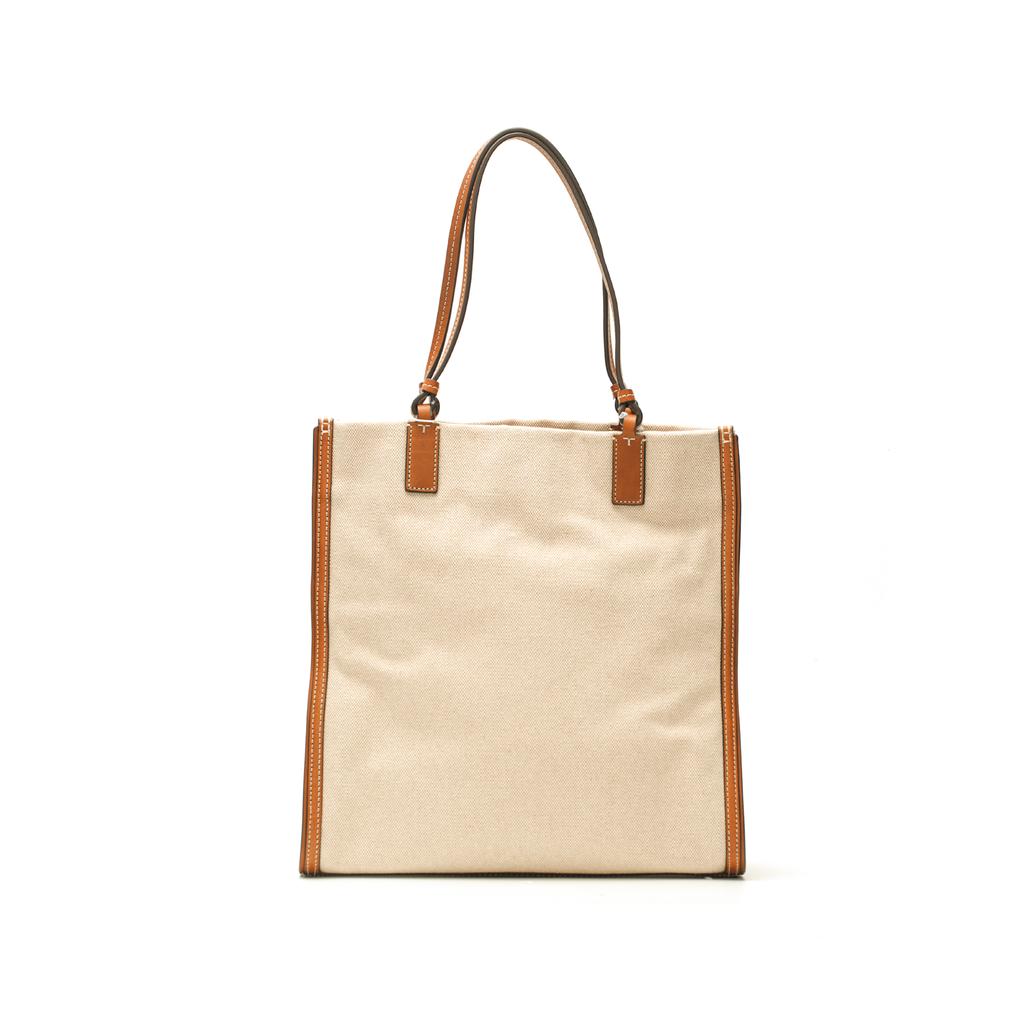 Tory Burch Ella Commuter Large Capacity Double T Logo Canvas And Leather Trim Tote Bag Women tote Natural-Beige Classic-Brown 88581-928