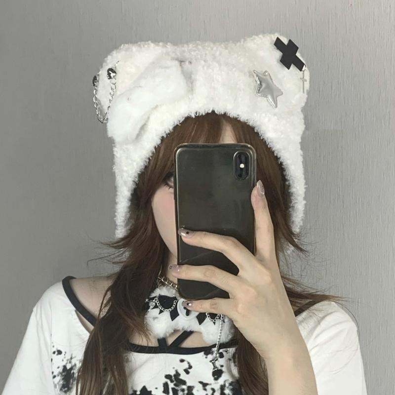 Bear Ear Knitted Hat Punk Crossed Winter Hat Soft Furry Knitted Snow Hat for Women Outdoor Activity Travel