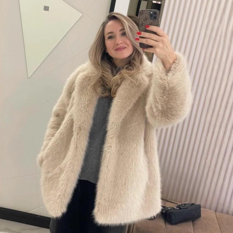 Womens Faux Fur Coat Winter Thick Warm Fox Trim Belted Streetwear Mid-Length Jacket Coffee Beige