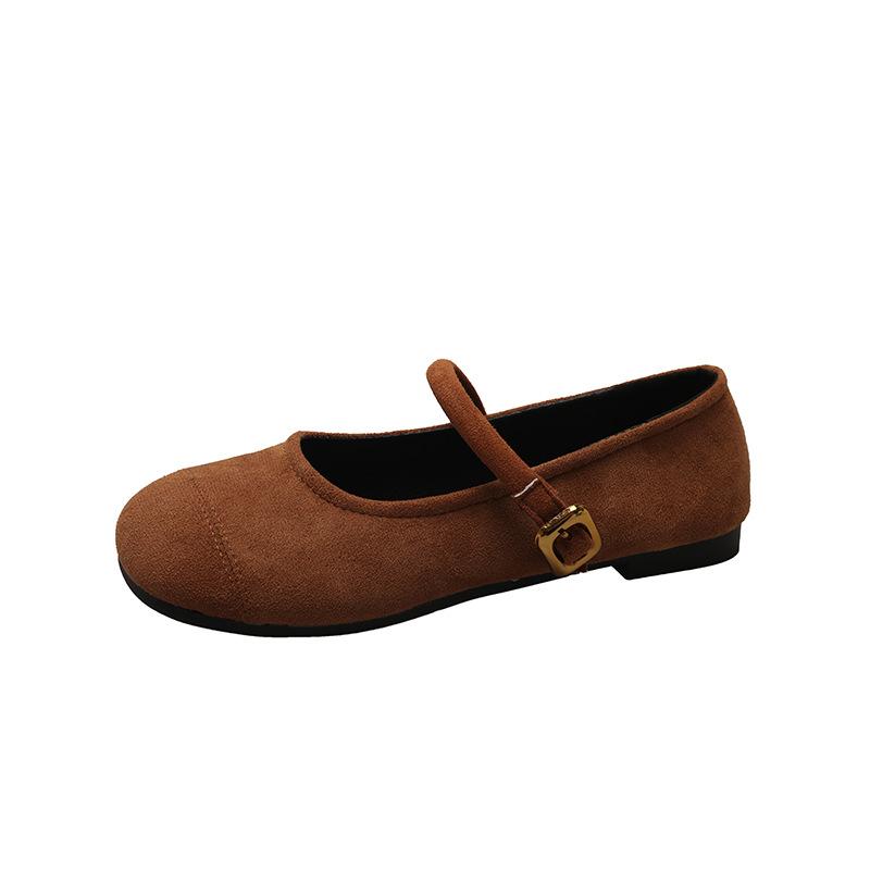 Fashion Single buckle strap flat bottom shallow mouth Mary Jane single shoes new French retro leather shoes brushed scoop shoes
