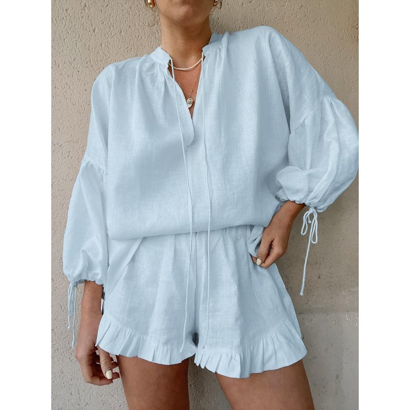 Damen-Shorts-Set aus Baumwolle und Leinen, einfarbig, lockerer V-Ausschnitt, Laternenärmel, Schnürhemd, Shorts mit elastischer Taille, Harajuku, täglicher zweiteiliger Sommer