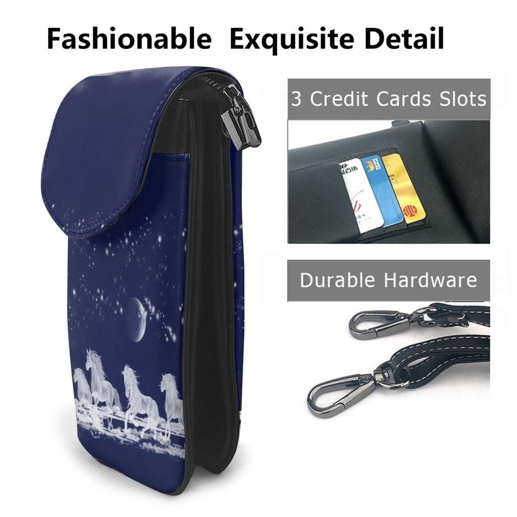 Starry and Moon Print Genuine Leather Smartphone Pouch Shoulder Thin Mini Pouch for Women and Popular Crossbody Bag [JMI] Horse, Sky, Star, Bag, Men,