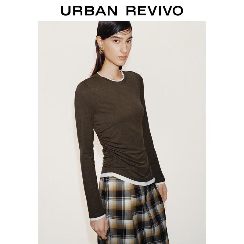 UR 2026 Spring Women's Color-block Faux Two-Piece Pleated T-Shirt