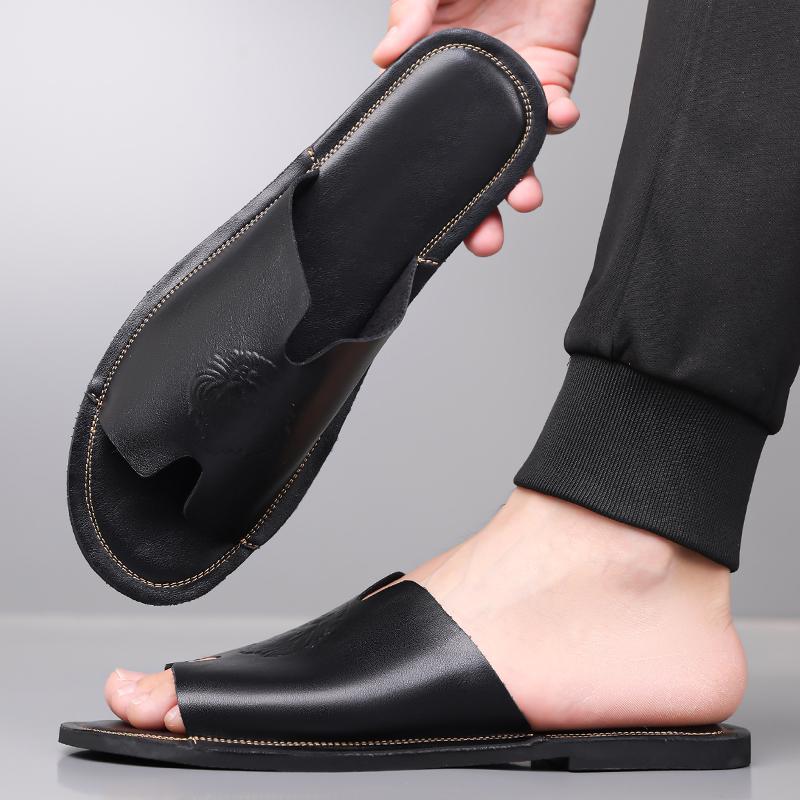 Herren Schwarz Leder Hausschuhe Handgemacht Einfache Flache Schuhe Sommer Orange Römische Sandalen Offene Zehen Strand Schuhe Übergröße