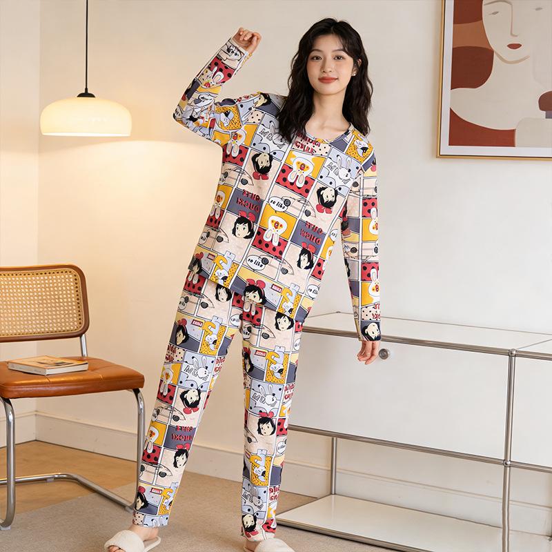 Women's Cute Cartoon Long Sleeve Pajama Set – Comfortable Thin Style for Spring, Autumn, and Winter, Wearable Outdoors