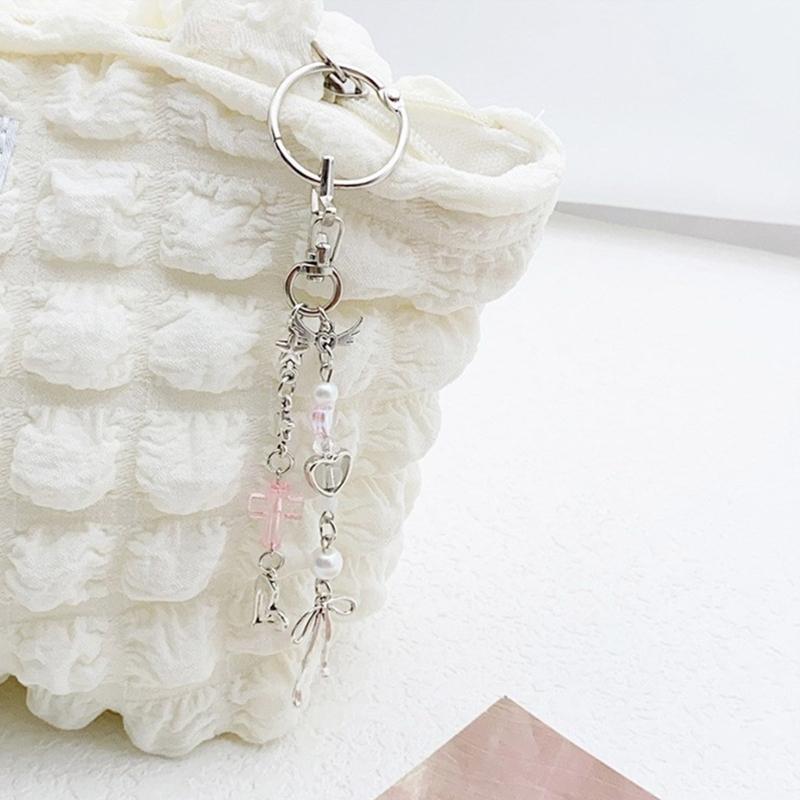 Sweet Cool Girl Beaded Keychain Charm Multifunctional Bead Key Chain with Sweetheart and Winged Crosses Designs