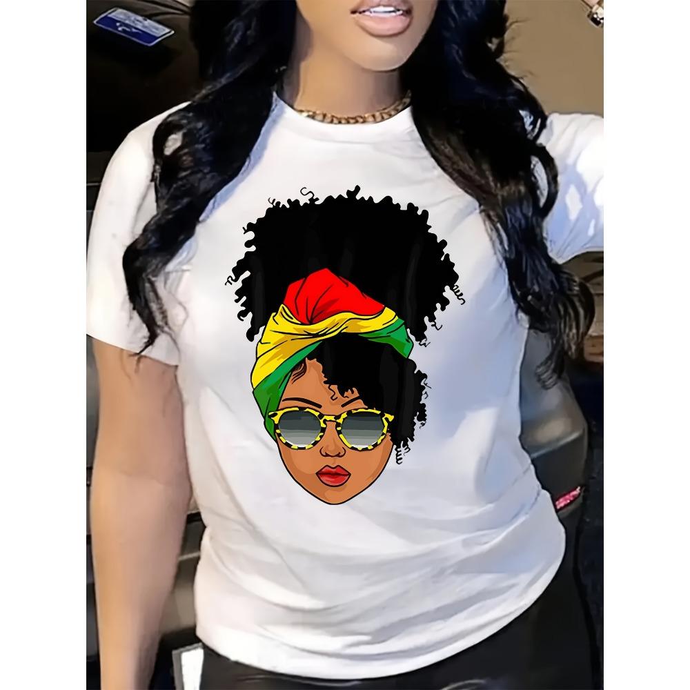 

Women Cotton Short Sleeves T-shirts Rasta Headwrap Queen Women s Tee Bold Graphic Casual White Top S