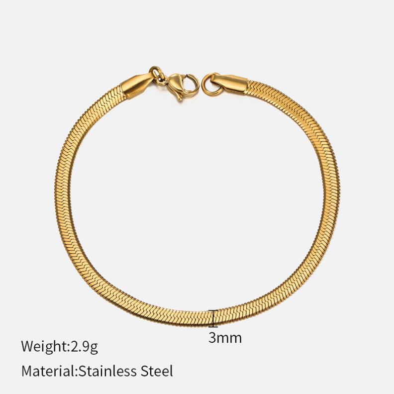 Stainless Steel Jewelry Bracelet Waterproof Jewelry 3-5mm Simple Flat Herringbone Women Plated Gold Snake Chain Bracelet