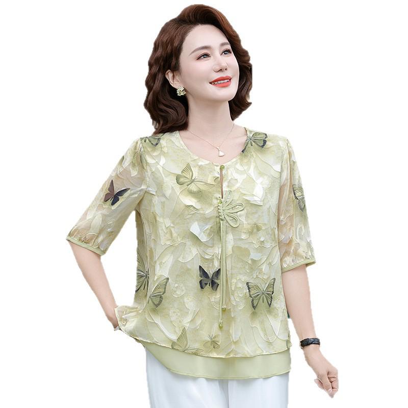 Mom's 2026 Stylish Chiffon Short-Sleeve Chinese Summer Top for Middle-Aged & Elderly Women