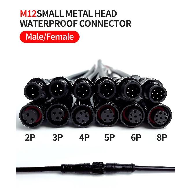 5/20Pcs M12 Metal Black Waterproof IP68 2 3 4 5 6 8Pin Male and Female LED Strip Outdoor IP68 Cable Connector 20cm Wire Plug