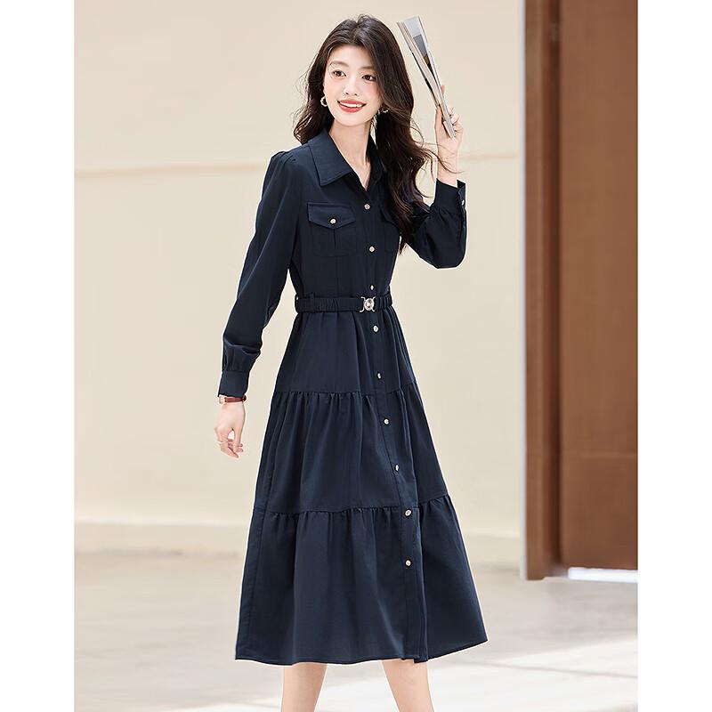 Petite Elegant A-Line Tiered Shirt Dress with Elastic Belt