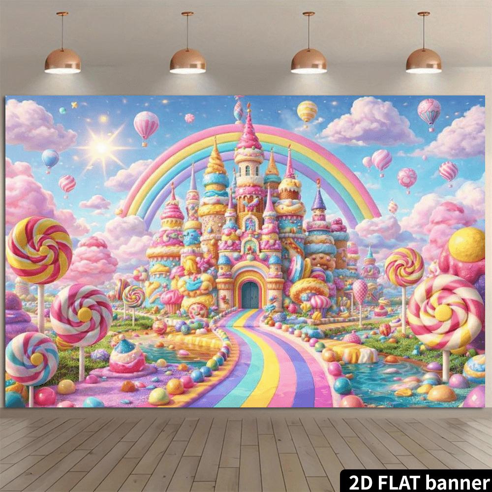 2D flat macaron candy castle background fabric rainbow gradient road theme multi-layer frosting castle, wall decoration