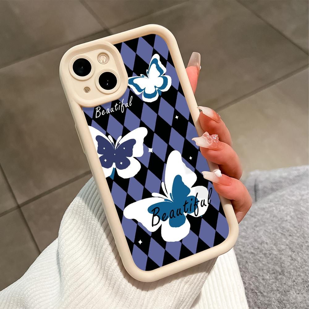 For iPhone 16 15 14 13 12 11 Pro Max XS Max XR X SE 8 7 Soft Silicone Butterflies Lozenge Shape Full Lens Protect Phone Case Cover