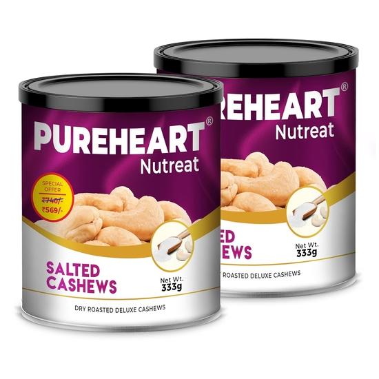 Pureheart Nutreat Жареные соленые кешью (333 г, Упаковка 2 шт.), Вкусный и хрустящий снек | Премиум соленые цельные орехи кешью / Сухофрукты кешью