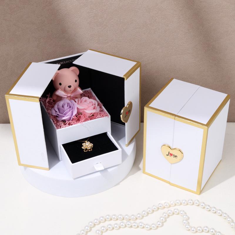 Little Bear Rose Necklace Box: Elegant Light Luxury Preserved Flower for Valentine's & Mother's Day