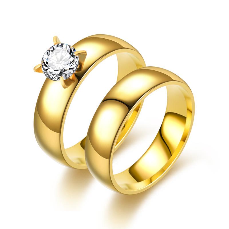 European American Zirconia Couple Rings: 18K Gold Women's Ring & Titanium Steel Men's Ring - Korean Fashion Jewelry